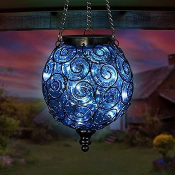 Felinar solar decorativ de grădină LED, sticlă albastră și metal, 15 LED-uri