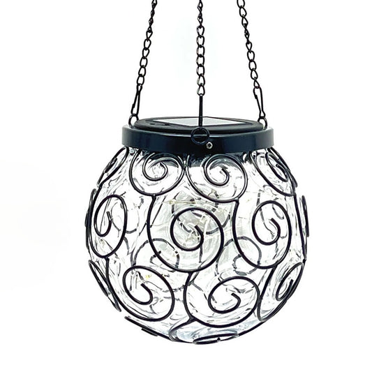 Felinar solar LED pentru grădină, metal și sticlă, negru, design spirală