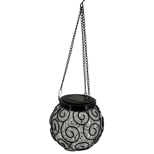 Felinar solar LED pentru grădină, metal și sticlă, negru, design spirală