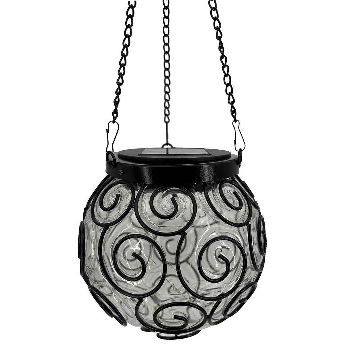 Felinar solar LED pentru grădină, metal și sticlă, negru, design spirală