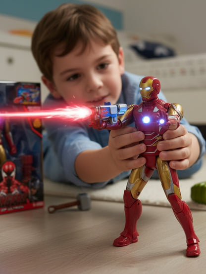 Figurina cu armura si lansator, lumini LED, 30 cm, model rosu auriu
