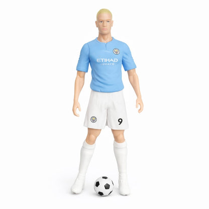 Figurina de colectie fotbalist cu minge, echipament albastru, 25 cm