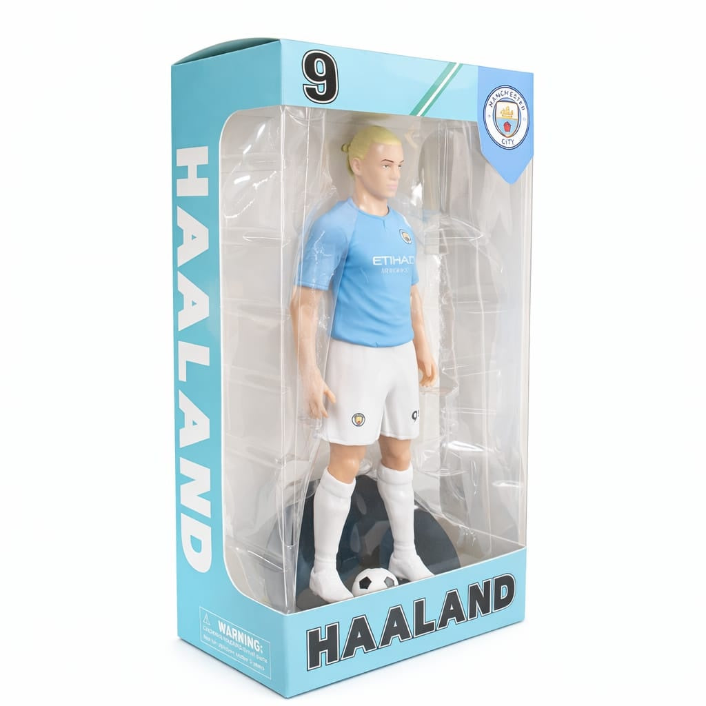 Figurina de colectie fotbalist cu minge, echipament albastru, 25 cm