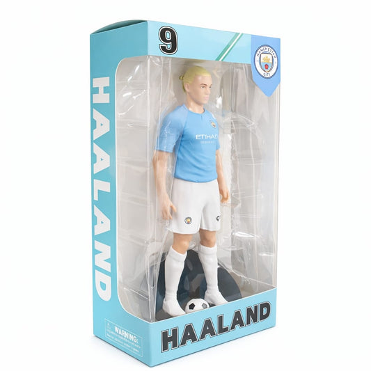 Figurina de colectie fotbalist cu minge, echipament albastru, 25 cm