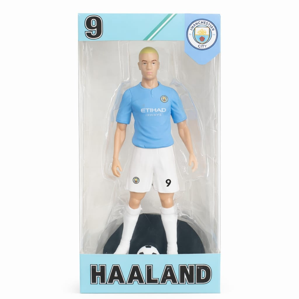 Figurina de colectie fotbalist cu minge, echipament albastru, 25 cm