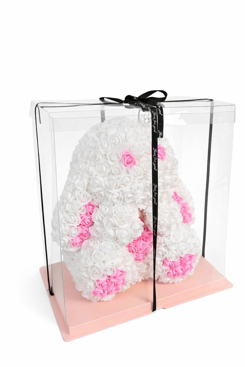 Figurina din trandafiri din spuma alb cu roz, decor cadou premium