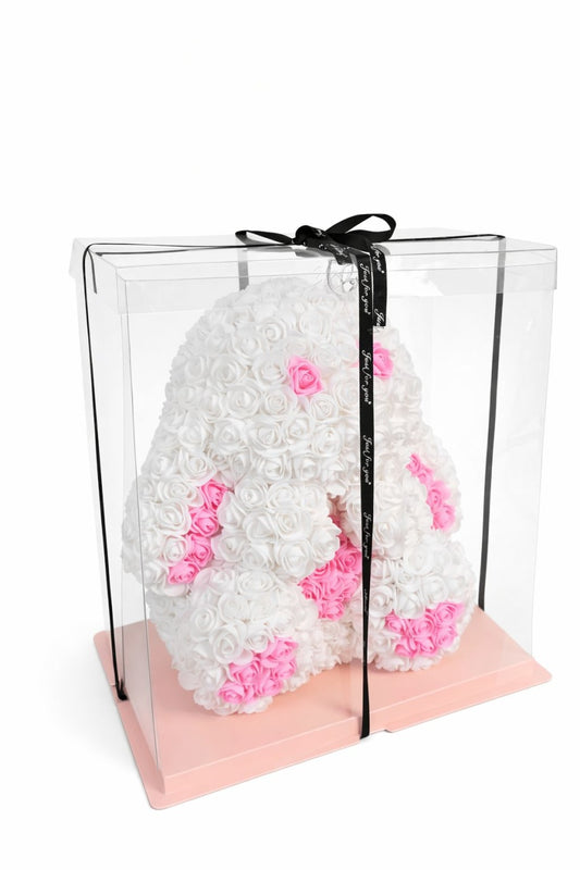 Figurina din trandafiri din spuma alb cu roz, decor cadou premium