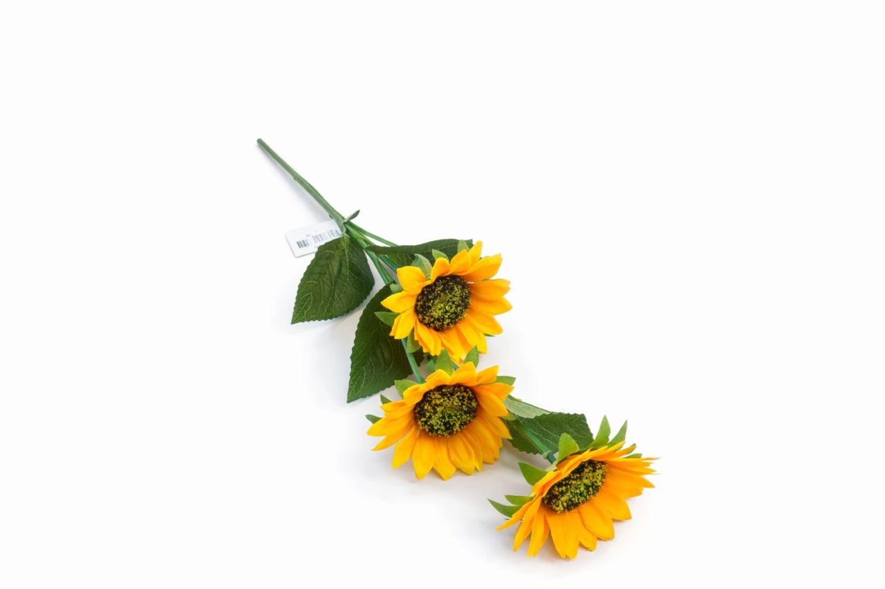 Floarea soarelui artificiala cu 3 flori si 4 frunze, inaltime 60 cm