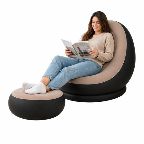 Fotoliu gonflabil cu taburet 116x88x83 cm, relaxare interior, material rezistent, cafeniu