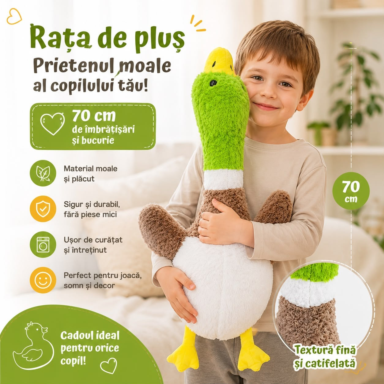 Gâscă de Pluș 70 cm pentru Copii – Jucărie Moale, Catifelată și Cadoul Perfect