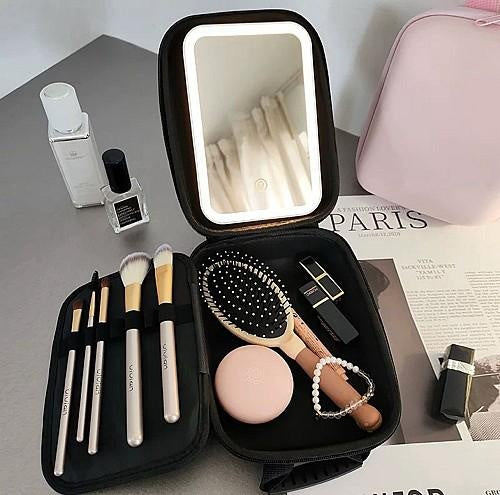 Geanta cosmetice roz cu oglinda LED reincarcabila, organizator machiaj, soft touch