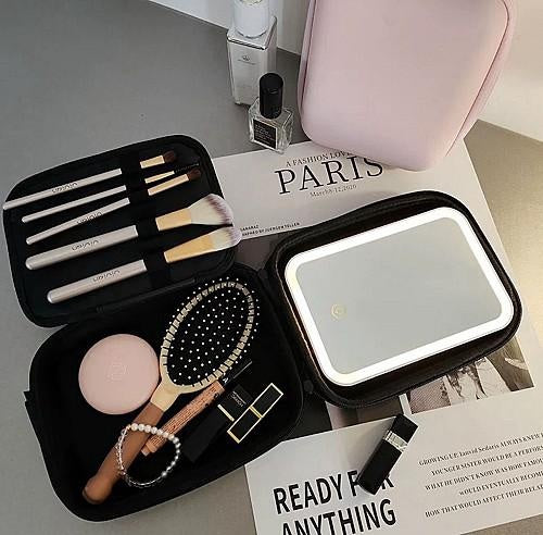Geanta cosmetice roz cu oglinda LED reincarcabila, organizator machiaj, soft touch