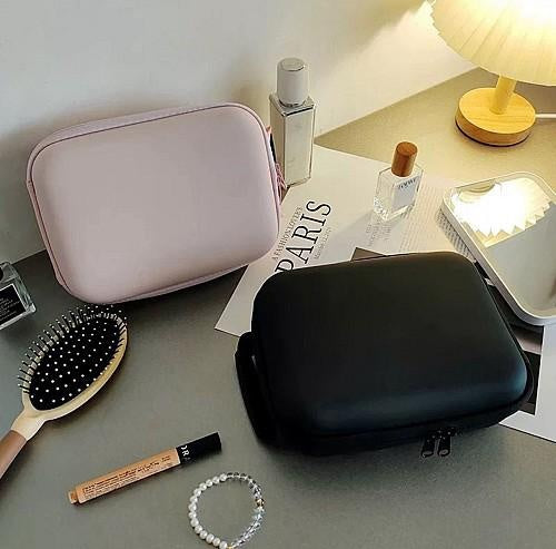 Geanta cosmetice roz cu oglinda LED reincarcabila, organizator machiaj, soft touch
