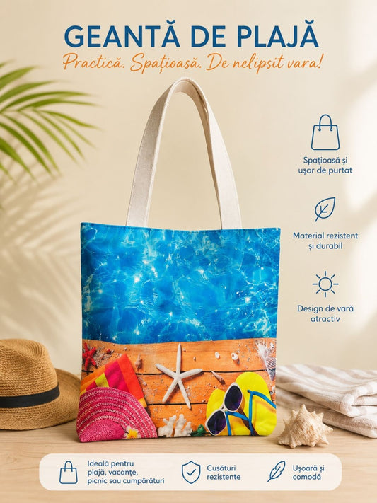Geantă de Plajă Colorată cu Design Tropical – Tote Spațioasă pentru Vară și Vacanță
