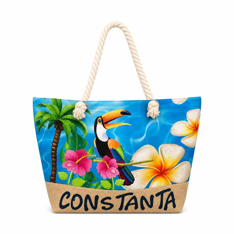 Geantă de Plajă mare, model Cu Tucan – Tote Tropicală cu Mânere din Sfoară
