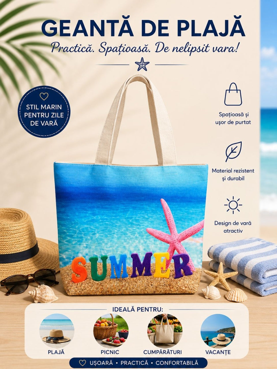 Geantă de Plajă Summer – Spațioasă, model Stea de mare și Imprimeu Colorat