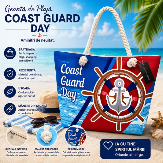 Geantă Mare de Plajă Coast Guard Day – Tote Spațioasă cu Design Marin și Mânere din Sfoară