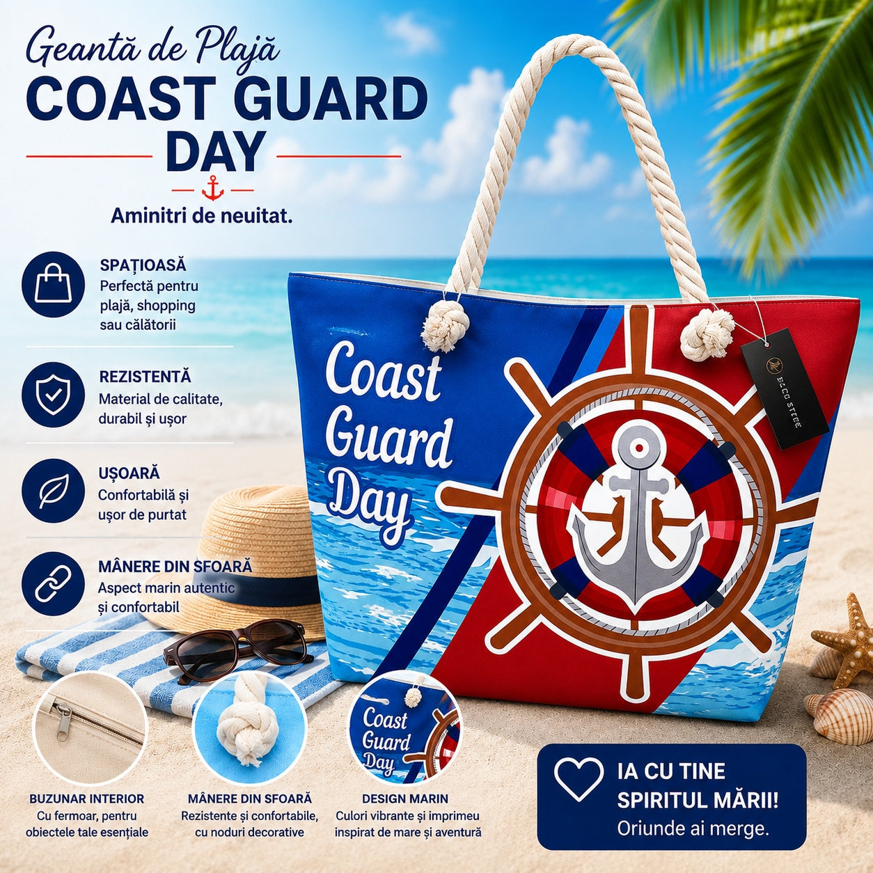 Geantă Mare de Plajă Coast Guard Day – Tote Spațioasă cu Design Marin și Mânere din Sfoară