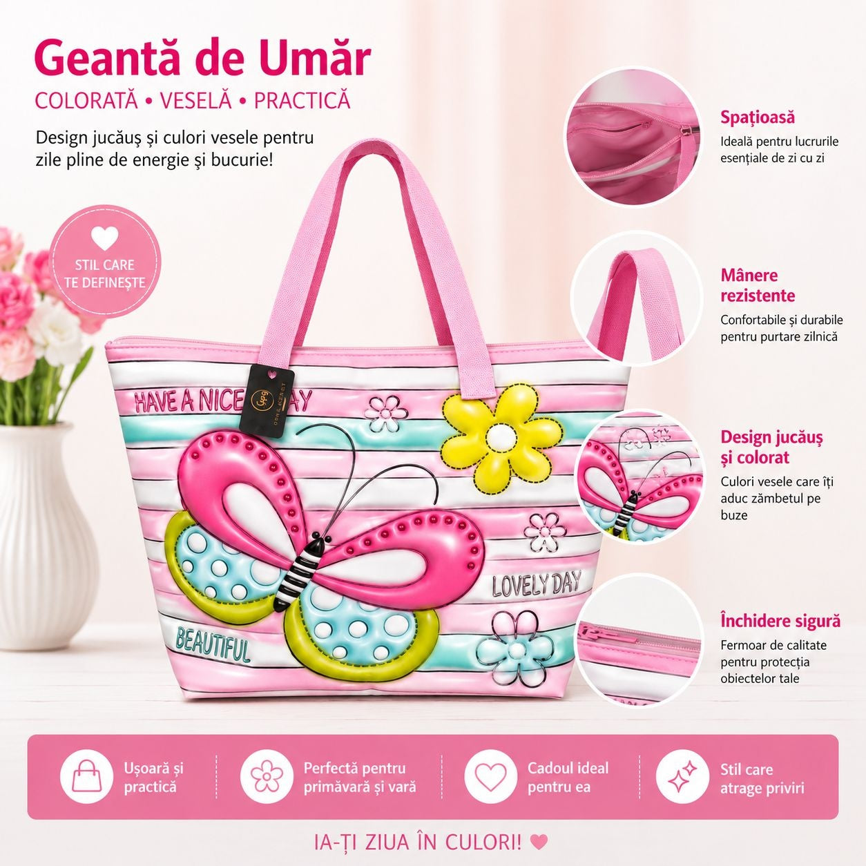 Geantă Mare de Plajă Colorată cu Fluture – Geantă de Umăr Spațioasă și Practică