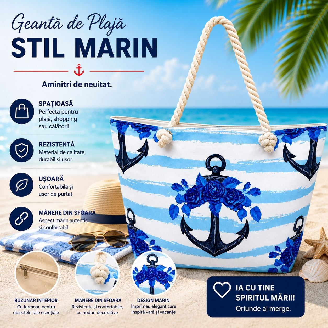 Geantă Mare de Plajă cu Ancore și Flori Albastre – Geantă Stil Marin cu Mânere din Sfoară
