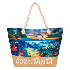 Geantă Mare de Plajă cu Delfini și Design Marin – Tote Spațioasă pentru Vacanță