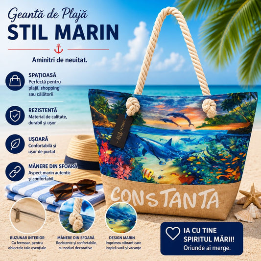 Geantă Mare de Plajă cu Delfini și Design Marin – Tote Spațioasă pentru Vacanță