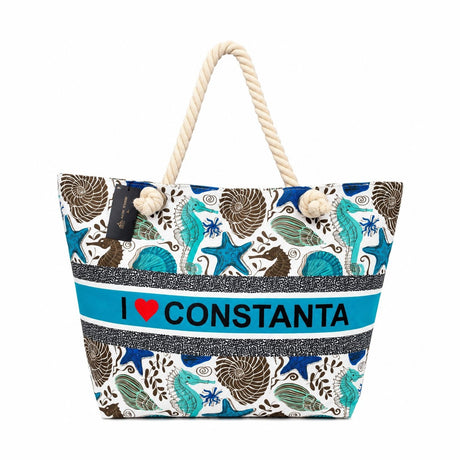 Geantă Mare de Plajă cu Design Marin – Model I Love Constanța cu Mânere din Sfoară