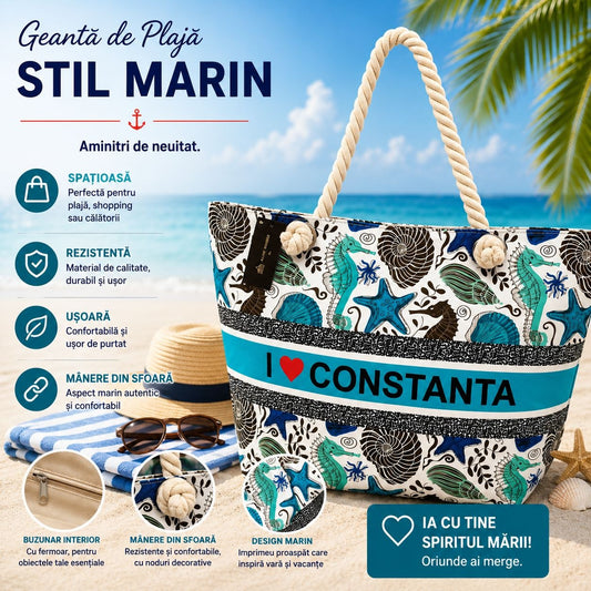 Geantă Mare de Plajă cu Design Marin – Model I Love Constanța cu Mânere din Sfoară