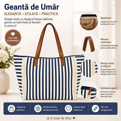 Geantă Mare de Plajă cu Dungi și Mânere Tip Piele – Elegantă, Spațioasă și Practică