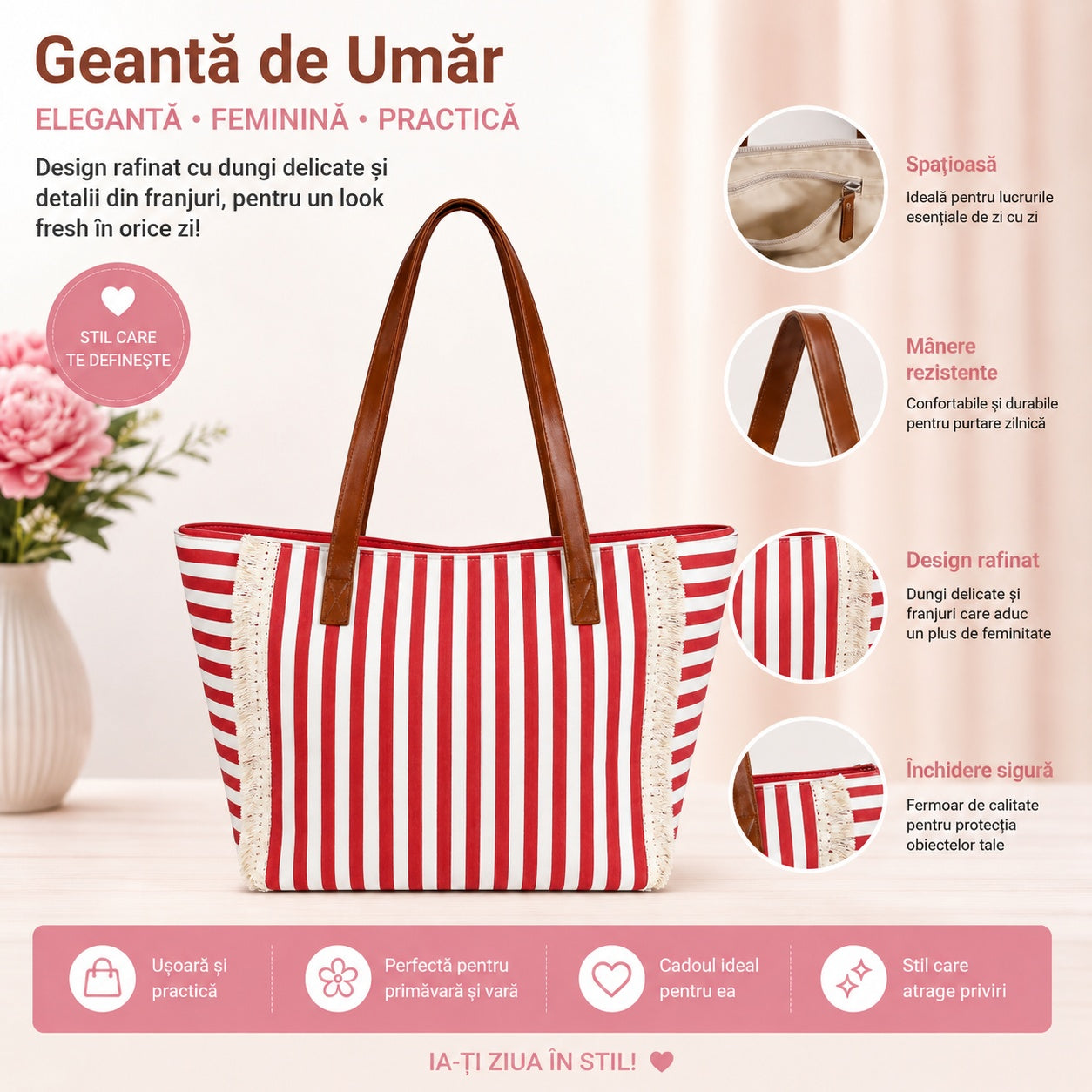 Geantă Mare de Plajă cu Mânere Tip Piele – Model Elegant în Dungi Roșii și Franjuri