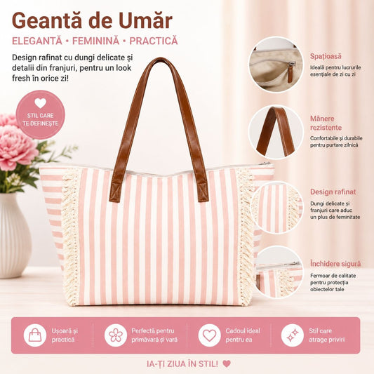 Geantă Mare de Plajă cu Mânere Tip Piele – Model Elegant Roz cu Dungi și Franjuri