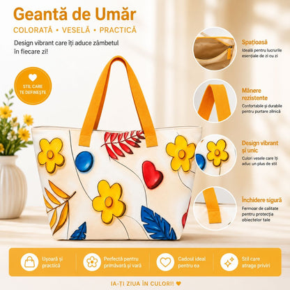 Geantă Mare de Plajă cu Mânere Tip Piele – Model Floral Colorat și Design Modern