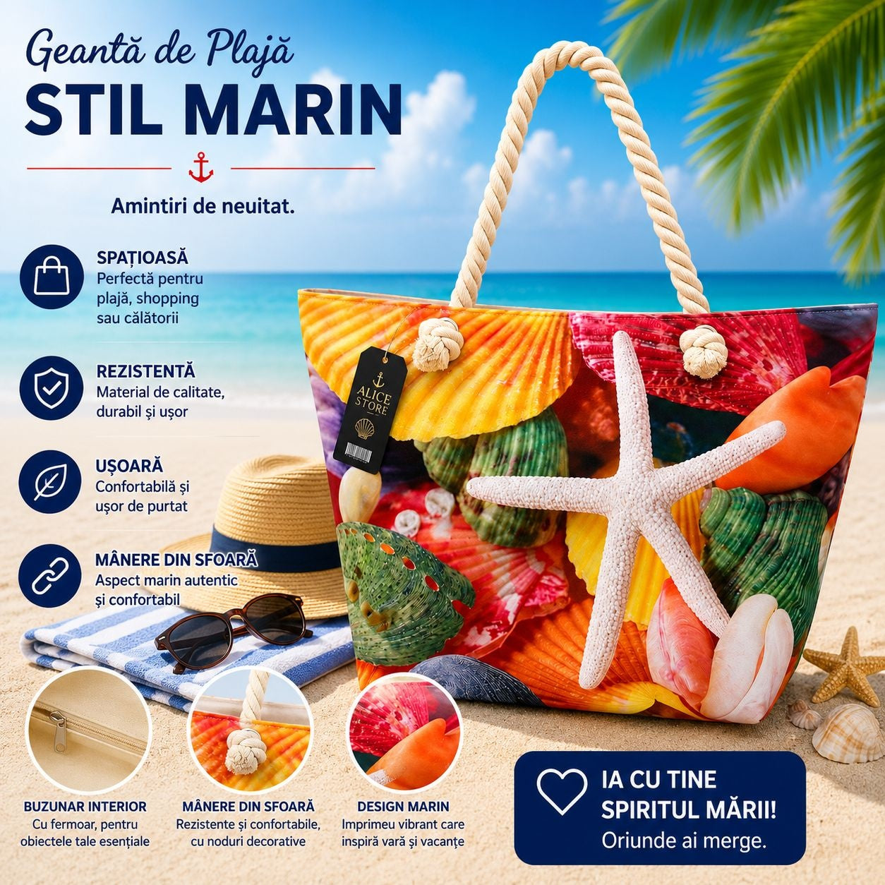 Geantă Mare de Plajă cu Scoici și Stea de Mare – Tote Spațioasă cu Mânere din Sfoară