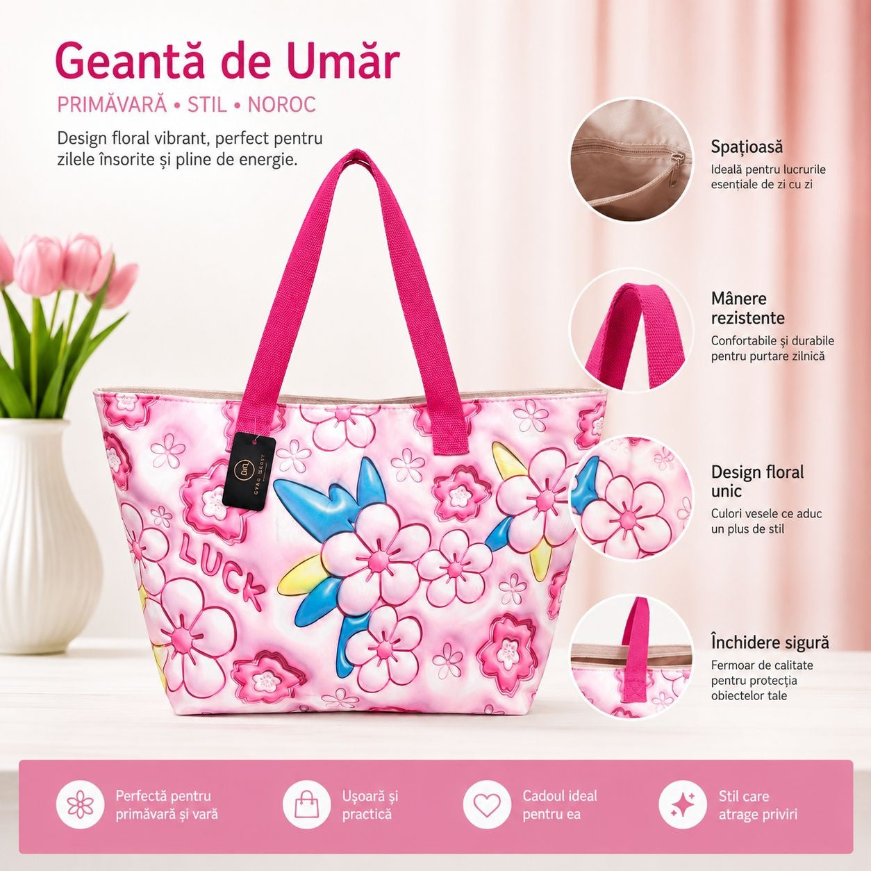 Geantă Mare de Plajă Florală Roz – Geantă de Umăr Spațioasă și Practică pentru Vară