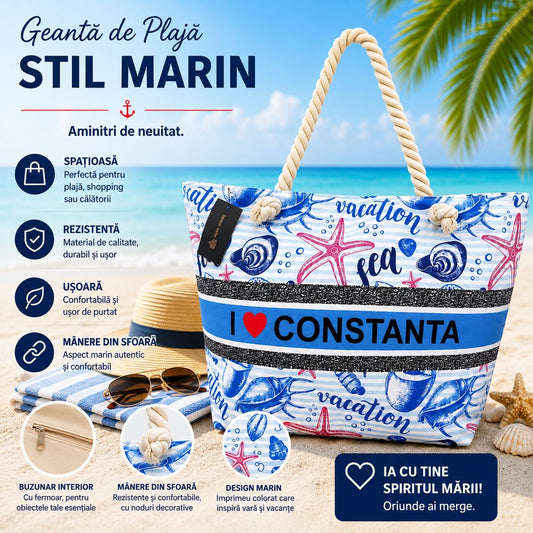 Geantă Mare de Plajă I Love Constanța – Geantă Stil Marin cu Mânere din Sfoară