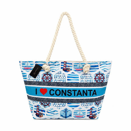 Geantă Mare de Plajă, Model cu Ancore si Barcute – Geantă Spațioasă cu Design Nautic