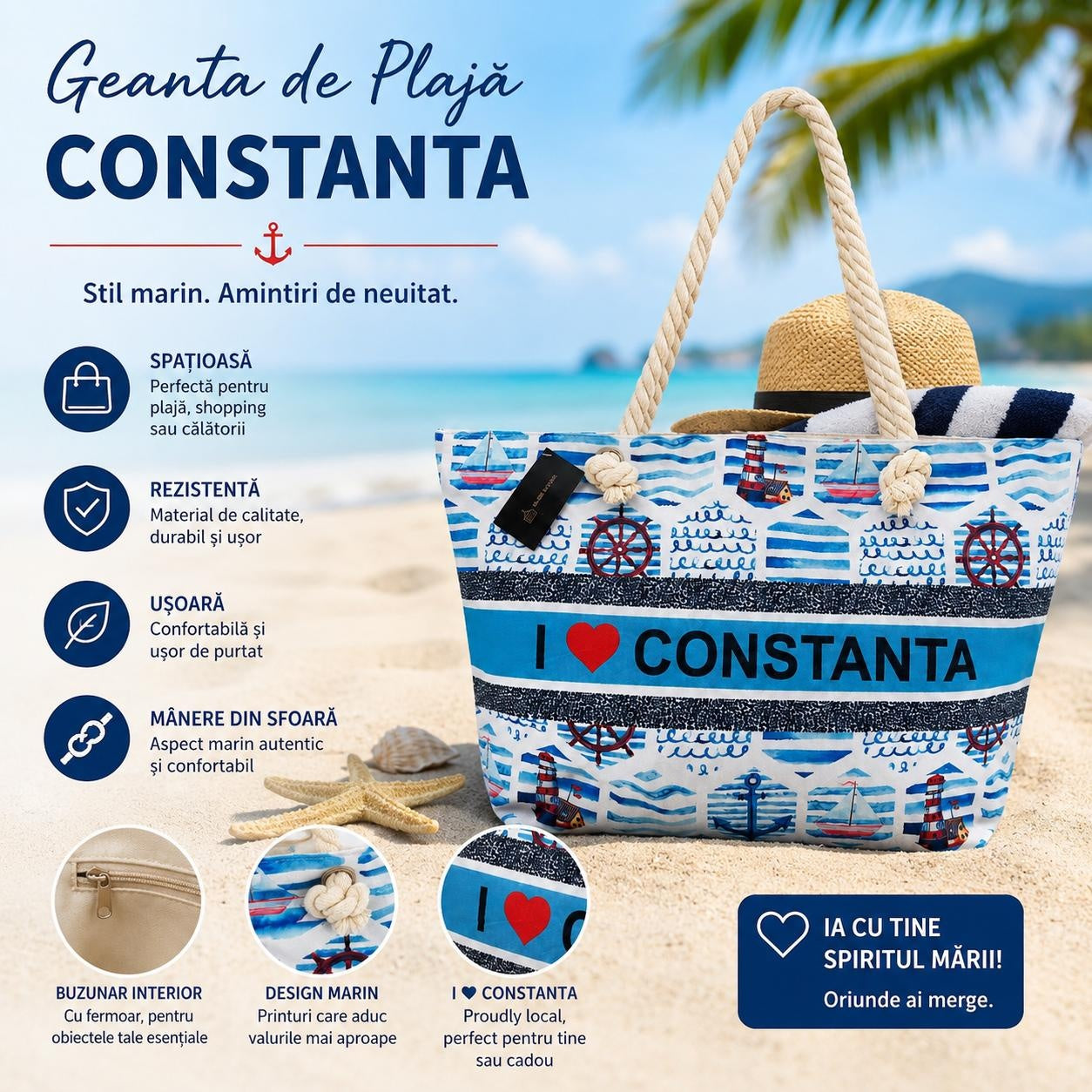 Geantă Mare de Plajă, Model cu Ancore si Barcute – Geantă Spațioasă cu Design Nautic
