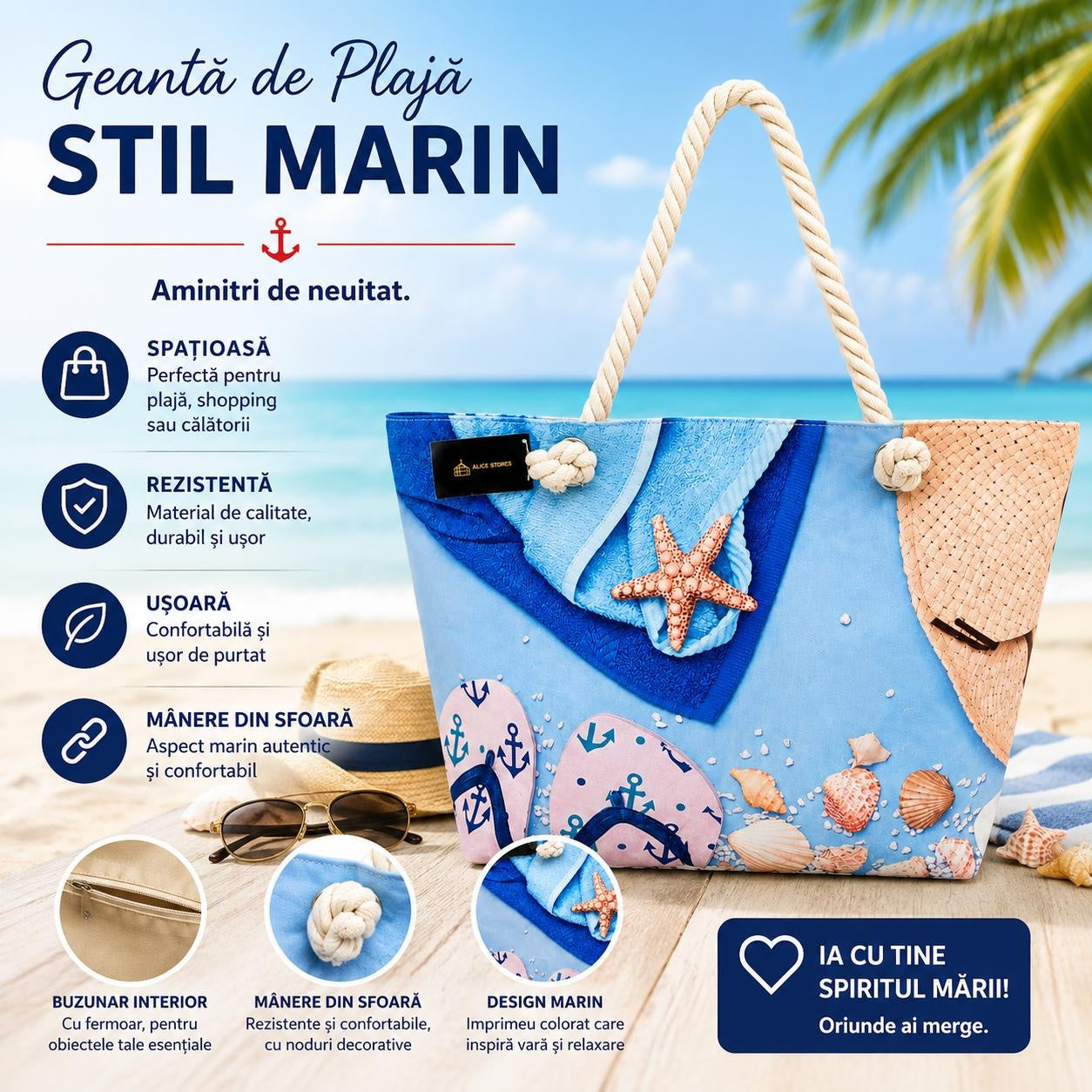 Geantă Mare de Plajă , Model cu Scoici și Șlapi – Geantă de Umăr Spațioasă de Vară