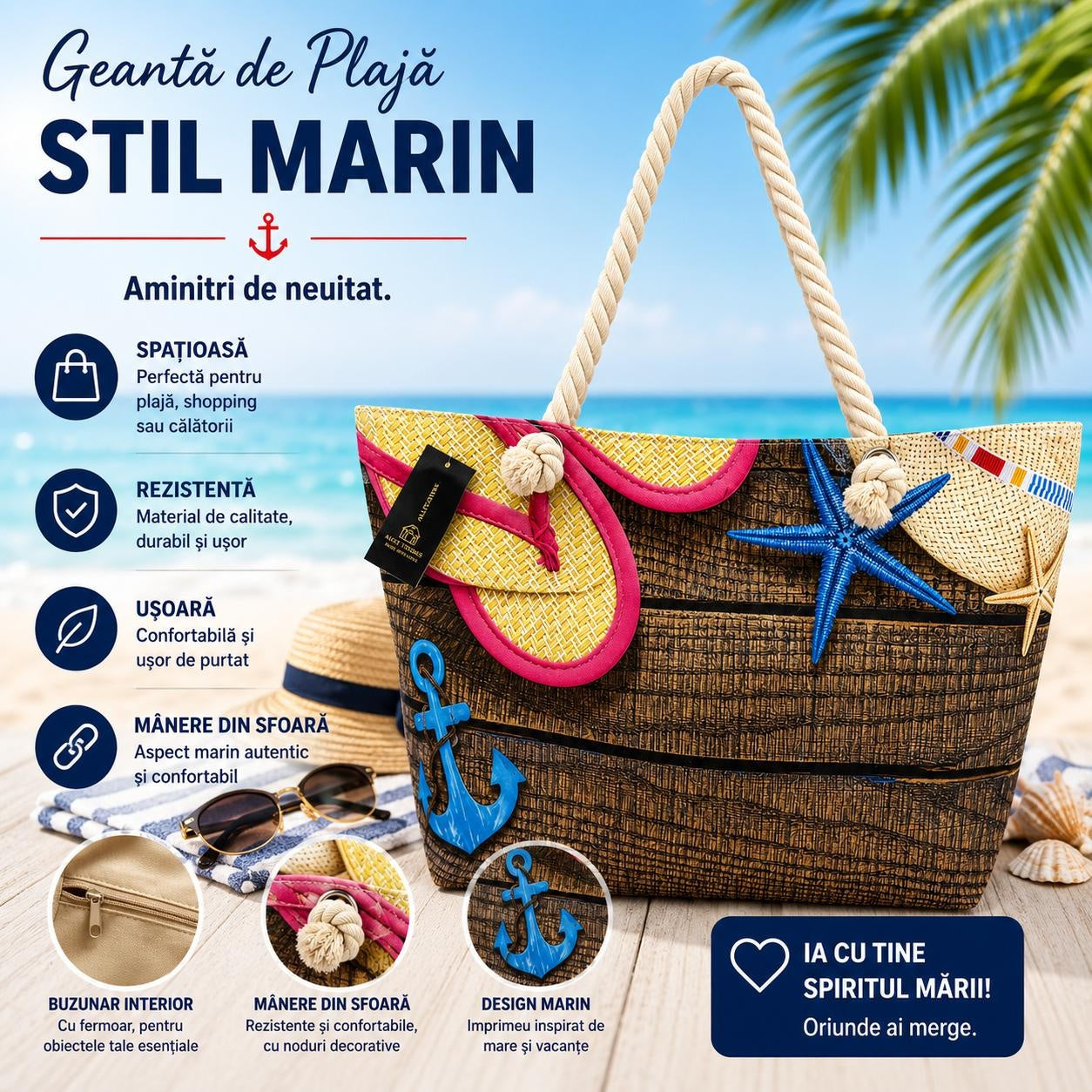 Geantă Mare de Plajă, Model cu Șlapi și Stea de Mare – Geantă de Umăr Spațioasă