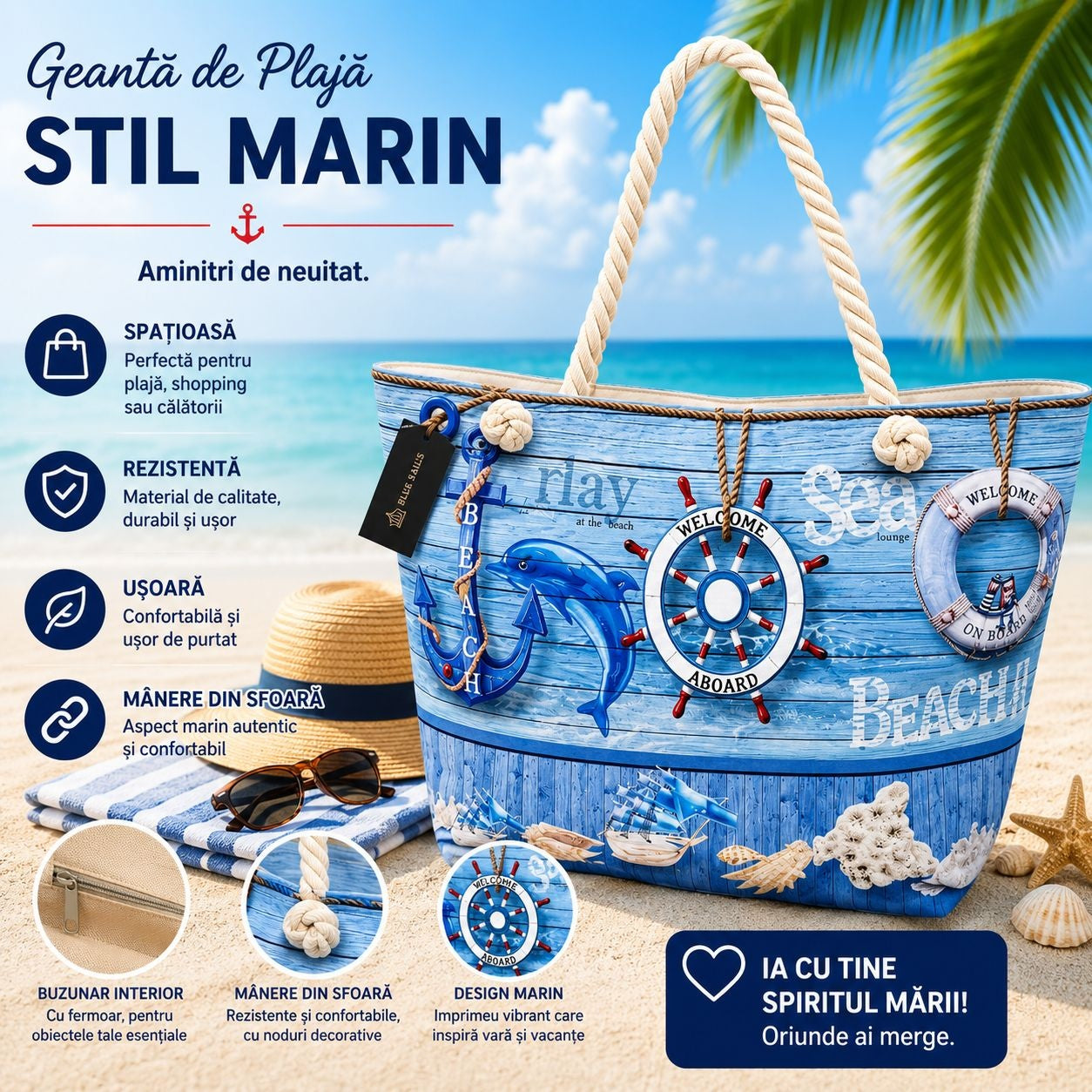 Geantă Mare de Plajă , Model Nautic - Tote Spațioasă cu Design Nautic și Mânere din Sfoară