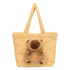 Geanta Pufos Tote pentru Fete, Model Ursulet cu Portocala, 45x30 cm, Material Moale