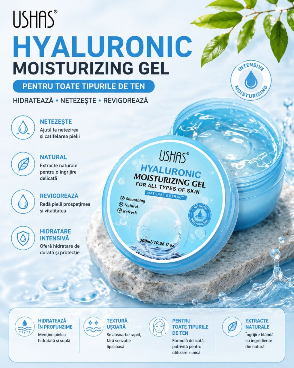 Gel Hidratant cu Acid Hialuronic USHAS 300ml – Hidratare Intensivă, Revitalizare și Catifelare