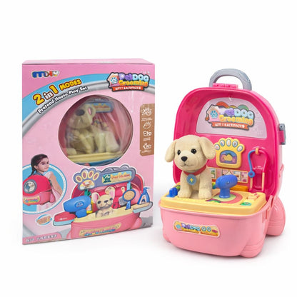 Ghiozdan jucarie 2 in 1, salon ingrijire animale cu catel, 32.6cm