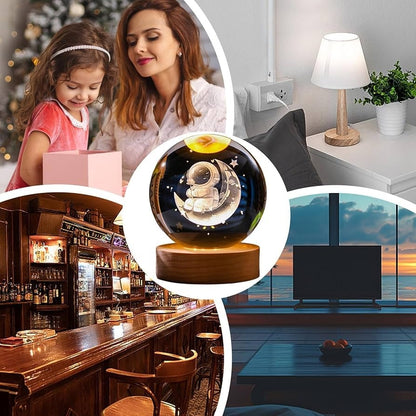 Glob Cristal 3D Astronaut pe Luna cu Baza Lemn si LED, Decor Premium, 6 cm