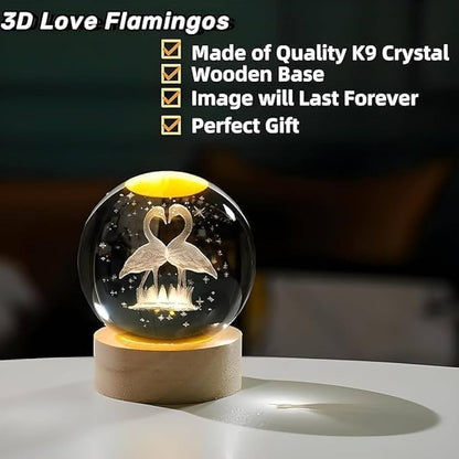 Glob Cristal 3D cu Pasari inima, LED si Baza Lemn, Decor Romantic 6 cm