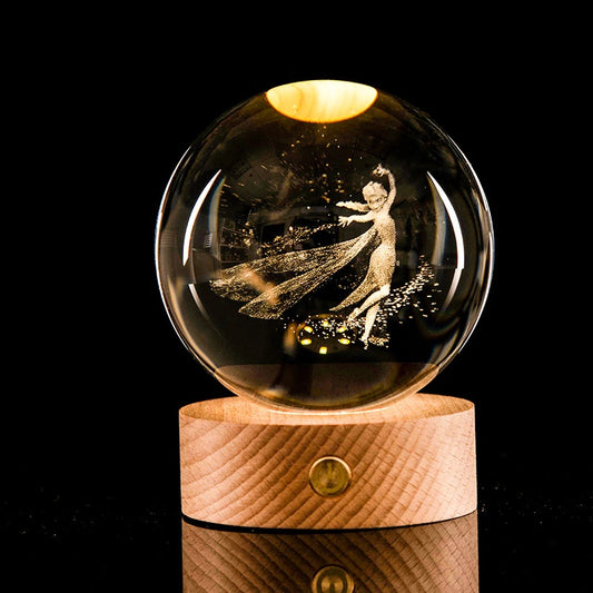 Glob Cristal 3D cu Zana Magica, LED si Baza Lemn, Decor Elegant, Cadou Special