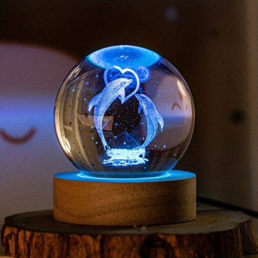 Glob Cristal 3D Delfini 8 cm, cu LED si Baza Lemn, Lampa Decor Marina