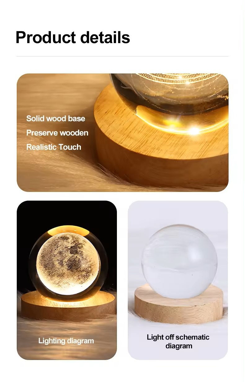 Glob Cristal 3D Luna 8 cm, cu LED si Baza Lemn, Lampa Decor Astronomica