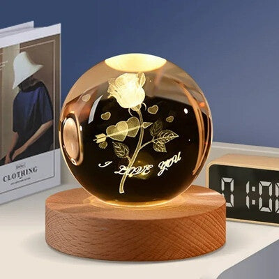 Glob Cristal 3D Trandafir I Love You 6 cm, cu LED si Baza Lemn, Cadou Romantic