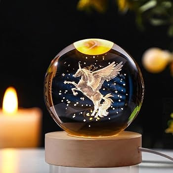 Glob Cristal 3D Unicorn Magic cu LED, 10 cm, Baza Lemn, Decor Fantasy